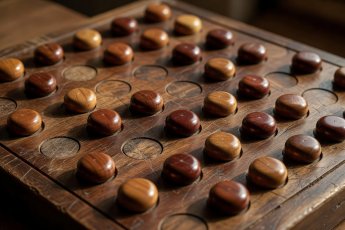 A well loved wooden gaming board with polished round markers